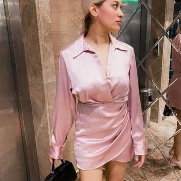 ZARA Dusty Pink Satin Effect Wrap Long Sleeve Dress $59.90 - Picture 8 of 14